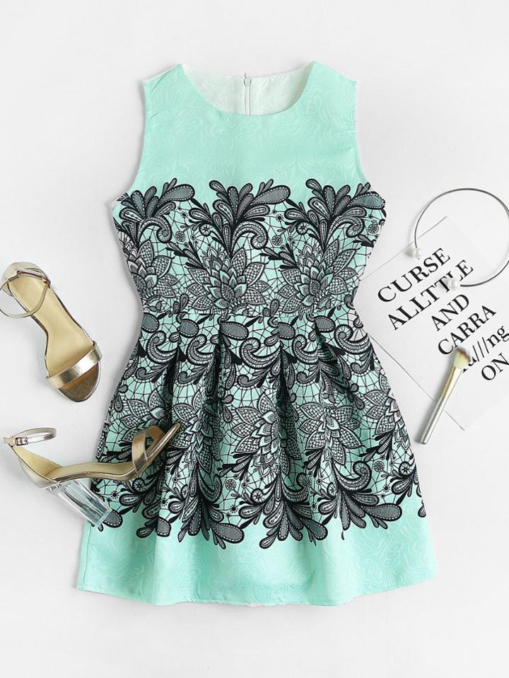 Romwe Floral Print Jacquard Fit And Flare Dress