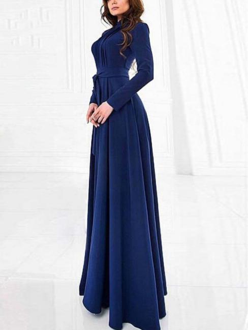 Romwe Blue High Neck Pleated Front Belted Maxi Dress