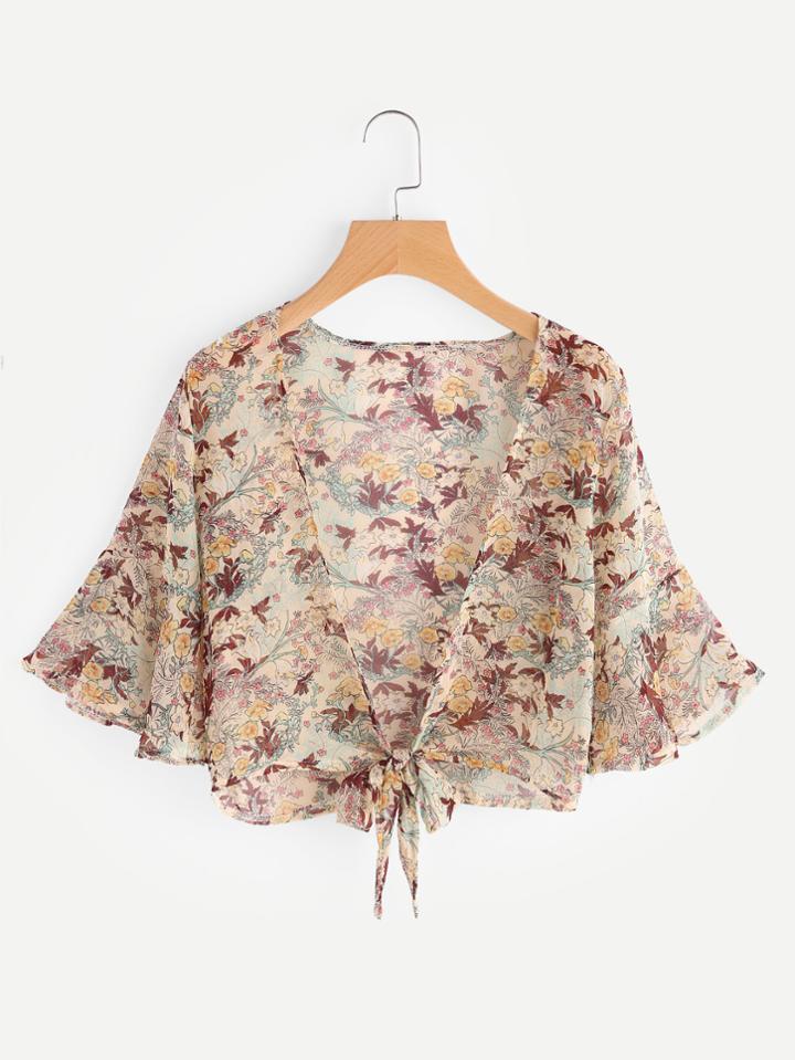 Romwe Trumpet Calico Print Random Tie Front Chiffon Top