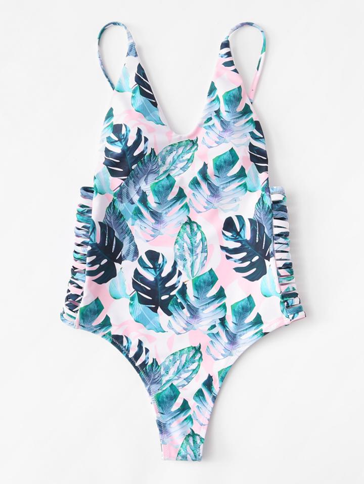 Romwe Ladder Cut Out Side Palm Print Swimsuit