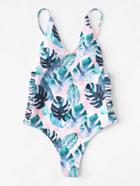 Romwe Ladder Cut Out Side Palm Print Swimsuit