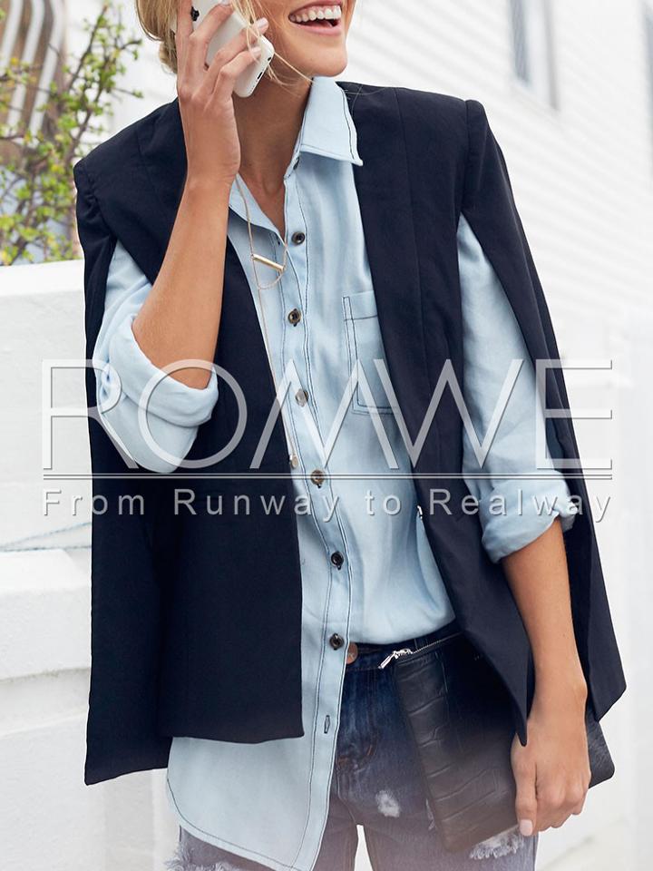 Romwe Navy Sleeveless Cape Style Blazer