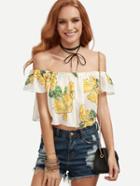 Romwe White Flower Print Off The Shoulder Top