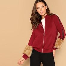 Romwe Faux Fur Embellished Raglan Sleeve Bomber Jacket