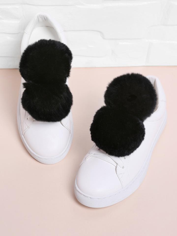 Romwe Double Pom Pom Decorated Pu Sneakers