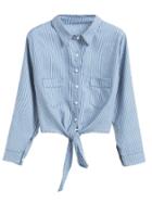 Romwe Blue Vertical Striped Tie Detail Blouse With Pockets