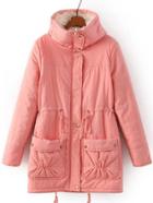 Romwe Stand Collar Drawstring Pockets Pink Coat