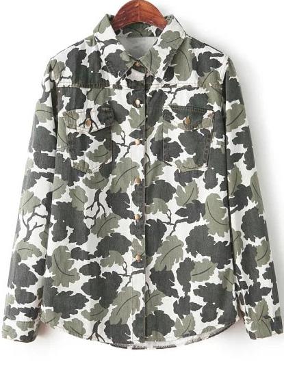 Romwe Green Long Sleeve Leaves Print Blouse