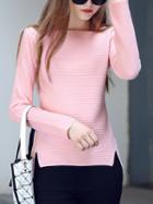 Romwe Women Long Sleeve Split Side Pink Sweater