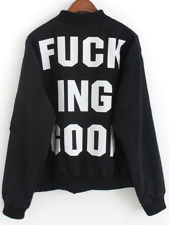 Romwe Stand Collar Letter Print Black Jacket