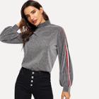 Romwe Mock-neck Striped Lantern Sleeve Glitter Pullover