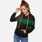 Romwe Color Block Pocket Patched Drawstring Hoodie