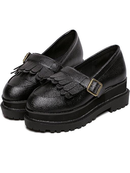 Romwe Black Tassel Buckle Heavy-bottomed Flats