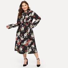 Romwe Plus Tie Neck Floral Print Dress