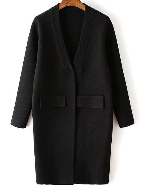 Romwe Black Ribbed Neck Hidden Button Loose Cardigan With Fake Pockets