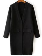 Romwe Black Ribbed Neck Hidden Button Loose Cardigan With Fake Pockets