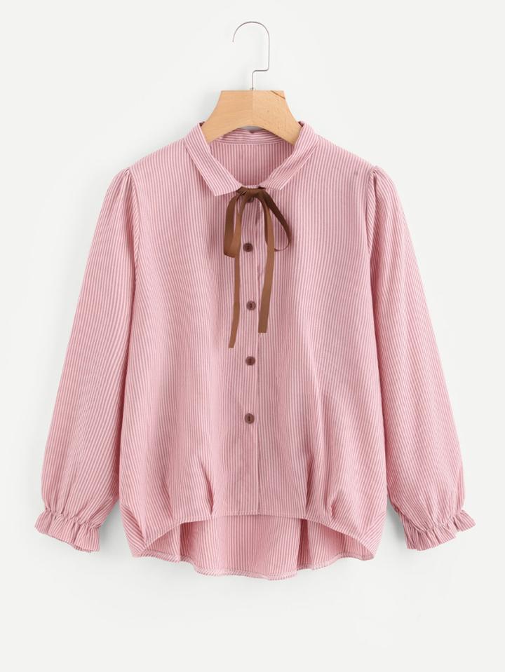 Romwe Frill Cuff Dip Hem Tie Neck Striped Top