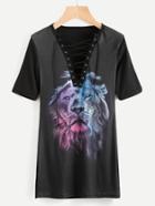 Romwe Ombre Lion Print Eyelet Lace Up Front Dress