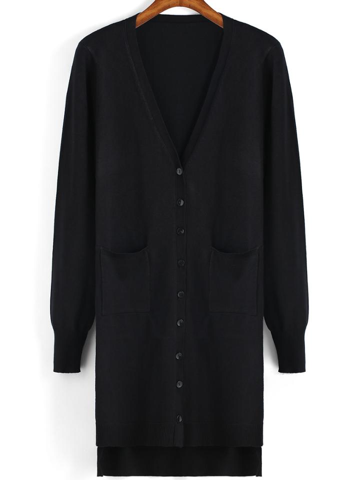 Romwe Dip Hem Slit Pockets Black Cardigan