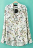 Romwe Lapel Dip Hem With Pockets Florals Blouse