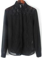 Romwe Black Lapel Lace Insert With Buttons Blouse