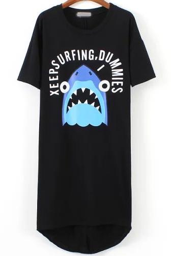 Romwe Black Short Sleeve Shark Print High Low Dress