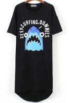 Romwe Black Short Sleeve Shark Print High Low Dress