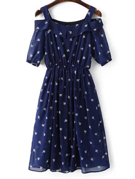 Romwe Navy Cold Shoulder Ice Cream Printed Chiffon Dress