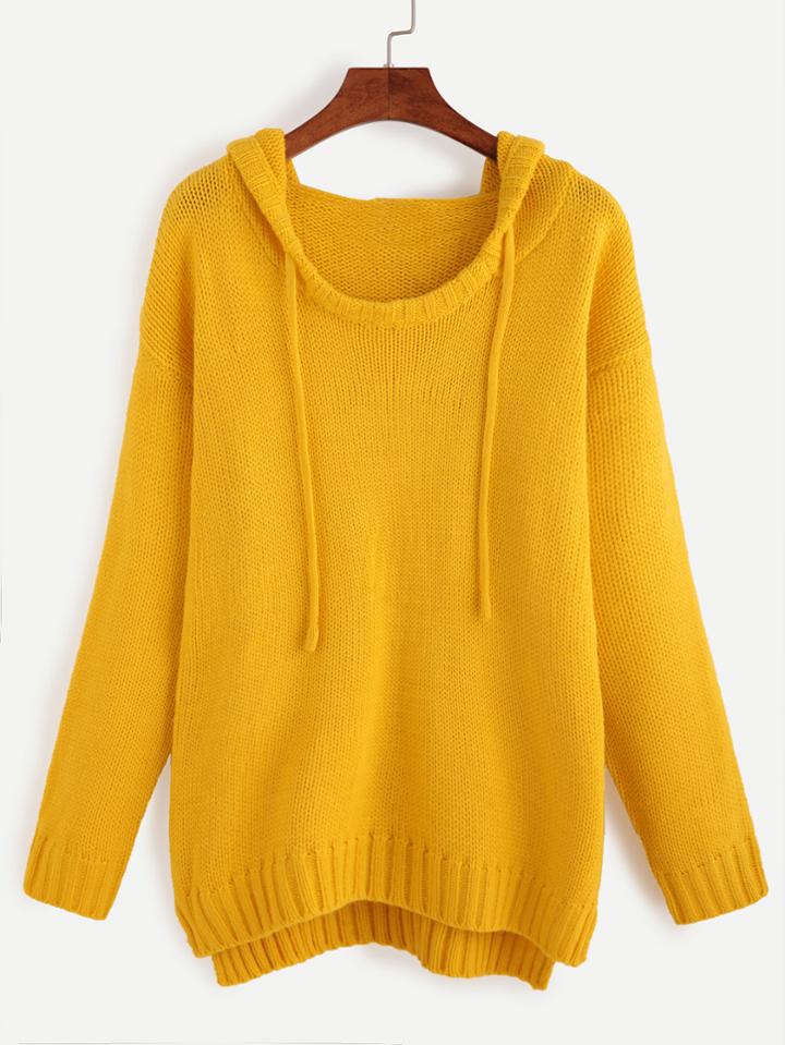 Romwe Yellow Drop Shoulder Dip Hem Hooded Sweater