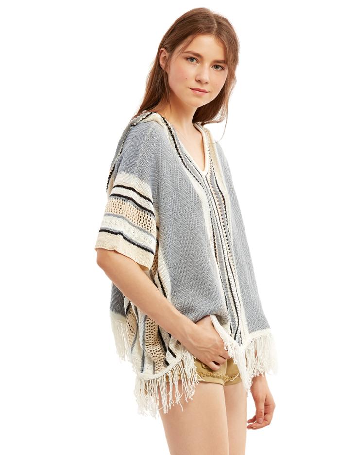 Romwe Multicolor Tassel Hem Hooded Knitted Top