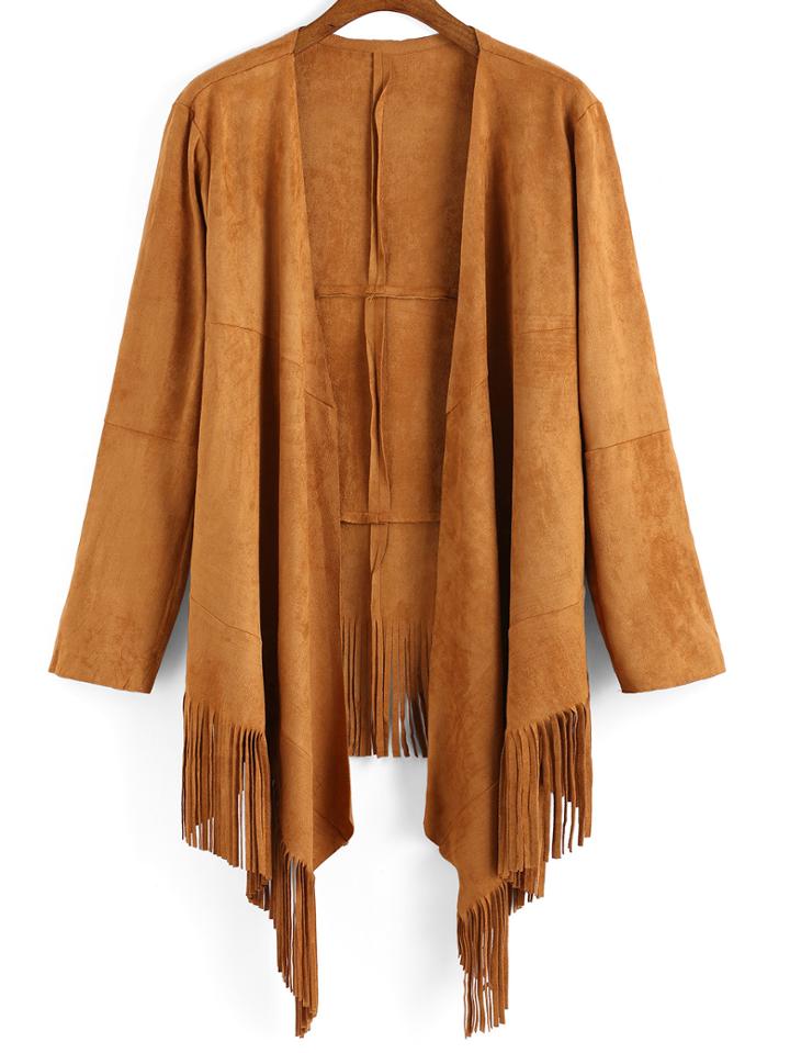 Romwe Long Sleeve Suede Tassel Coat