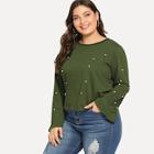 Romwe Plus Bell Sleeve Faux Pearl Beading Sweatshirt