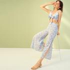 Romwe Daisy Floral Tie Front Shirred Cami Top With Pants