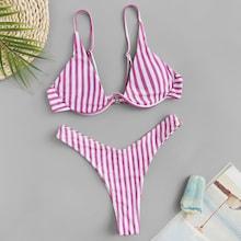 Romwe Striped Underwire Top With High Leg Bikini Set