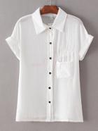 Romwe White Roll-up Collar Short Sleeve Embroidered Blouse