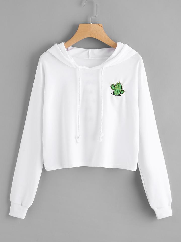 Romwe Drop Shoulder Slogan Embroidered Back Hoodie