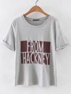 Romwe Grey Roll-up Cuff Letter Print T-shirt