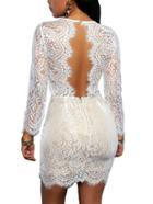 Romwe Deep V-neck Cutout Lace Bodycon Dress - White