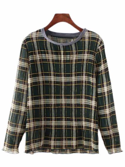 Romwe Green Contrast Round Neck Plaid Chiffon Blouse