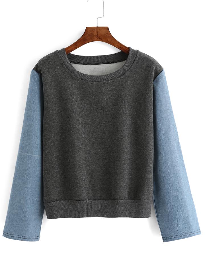 Romwe Contrast Denim Thicken Sweatshirt