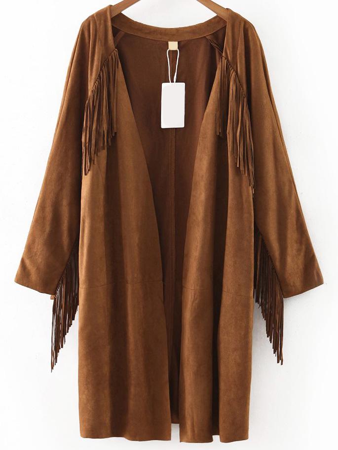 Romwe Khaki Open Front Fringe Detail Suede Coat