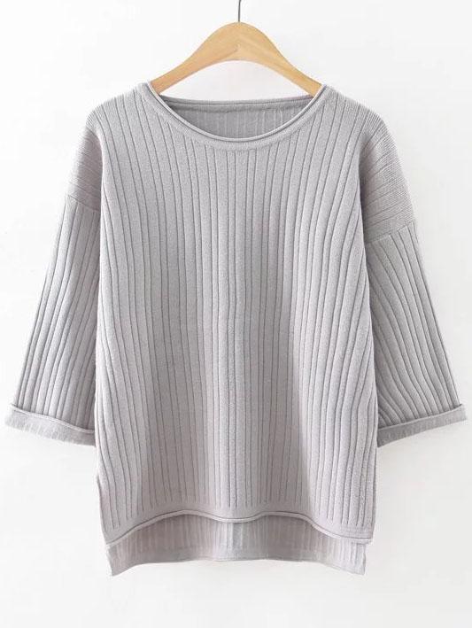 Romwe Grey Drop Shoulder Ribbed Dip Hem Knitwear