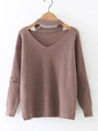 Romwe Choker V Neckline Zip Sleeve Ribbed Sweater