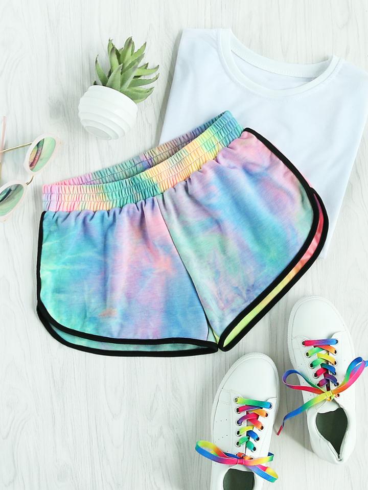 Romwe Water Color Shirred Waist Ringer Shorts