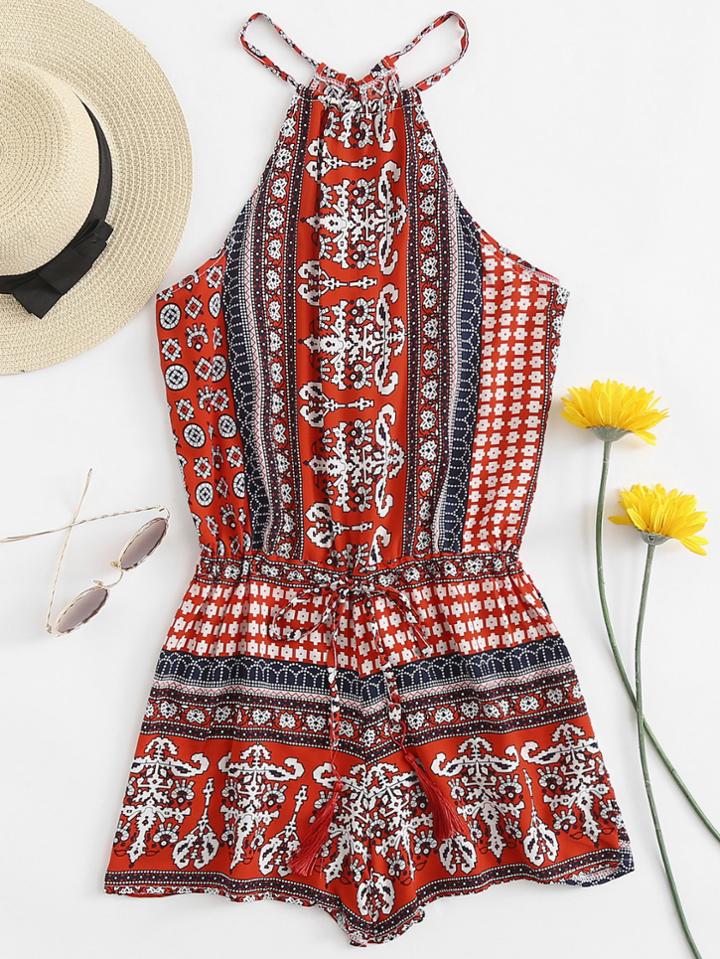 Romwe Geo Print Fringe Drawstring Waist Romper