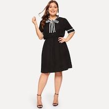 Romwe Plus Contrast Binding Tie Neck Dress