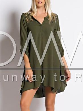 Romwe Army Green Lace Embroidered Asymmetrical Dress
