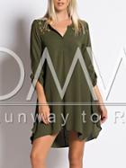 Romwe Army Green Lace Embroidered Asymmetrical Dress