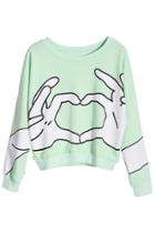 Romwe Heart Gesture Print Green Sweatshirt