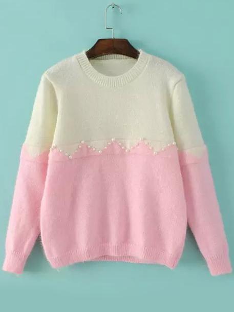 Romwe Color-block Long Sleeve Bead Sweater